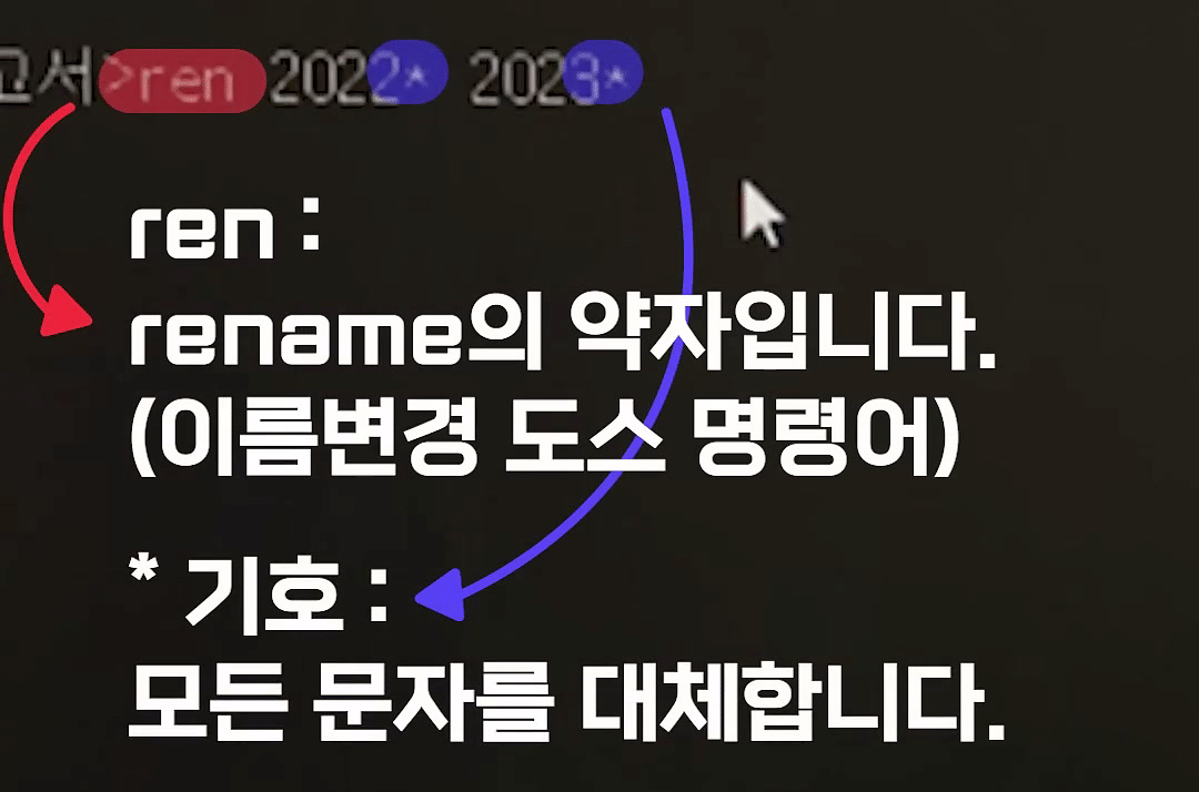 ren 2022* 2023* 명령줄의 ren과 별표에 강조 표시가 붙고 rename의 약자 · * 기호 모든 문자를 대체 설명 글이 함께 뜬 화면