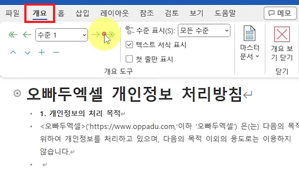 워드가 개요 보기로 바뀌어 개요 탭과 개요 도구 그룹이 보이고 본문이 글머리 기호 목록으로 나열된 화면